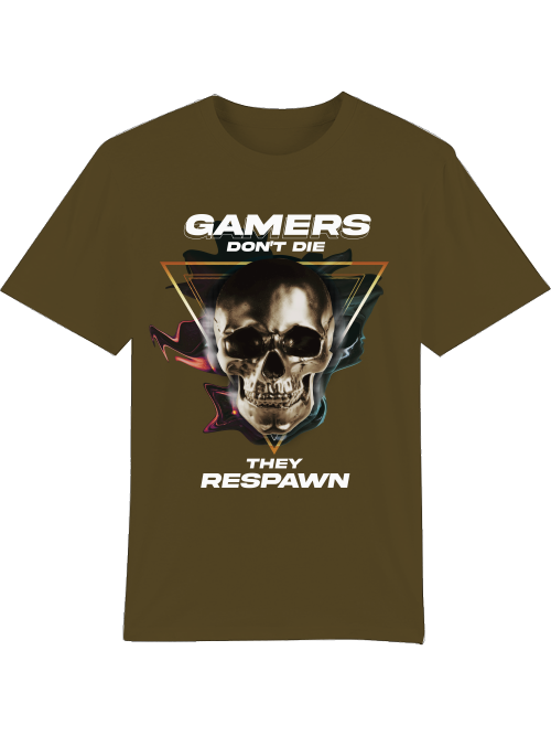 Produktfoto T-Shirt britishkhaki, Gamers Dont die they respawn, weiße Schrift mit Totenkopf Bild