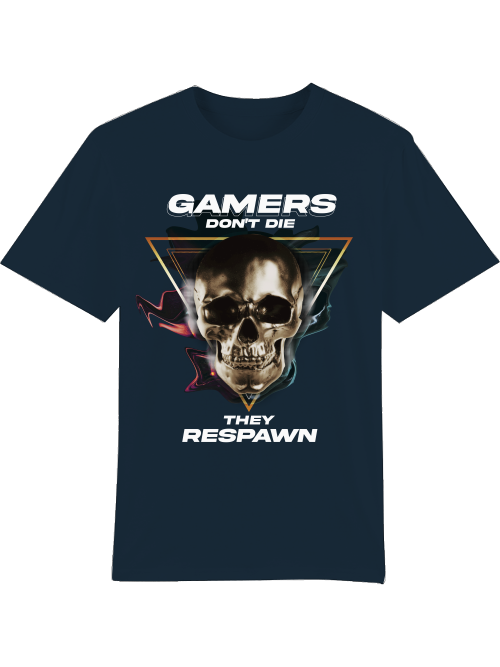 Produktfoto T-Shirt dunkelblau, Gamers Dont die they respawn, weiße Schrift mit Totenkopf Bild