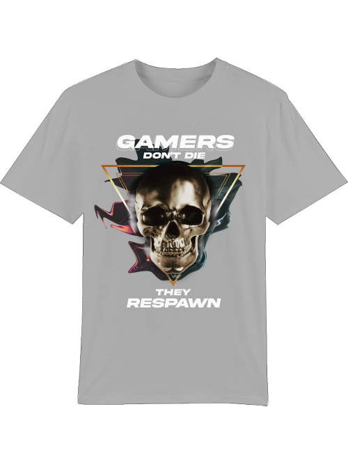 Produktfoto T-Shirt lightgrey, Gamers Dont die they respawn, weiße Schrift mit Totenkopf Bild