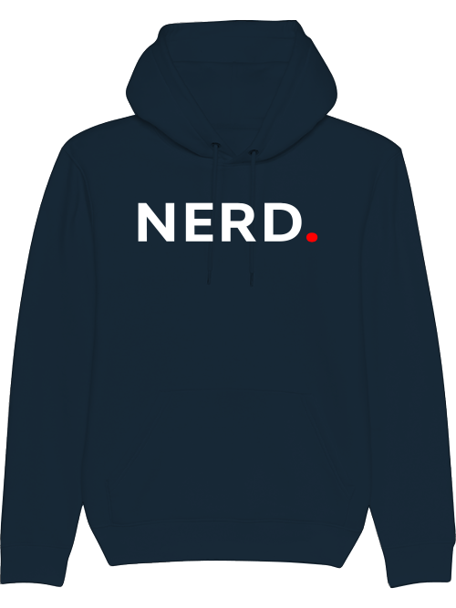 Produktfoto Hoodie dunkelblau, Nerd, weißer Schriftzug mit roten Punkt