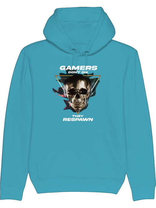 Produktfoto Hoodie türkis, Gamers dont die they respawn, Schrift mit Totenkopf Bild