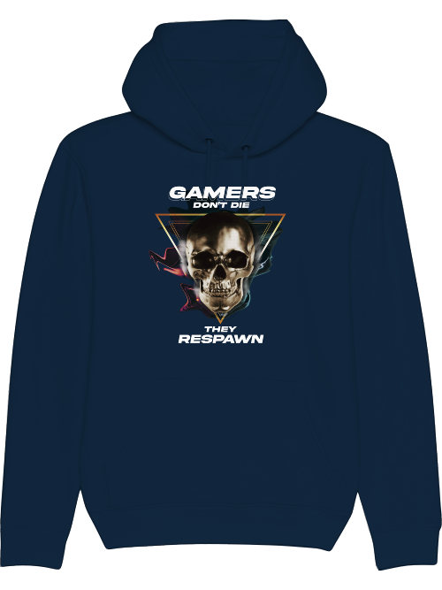 Produktfoto Hoodie dunkelblau, Gamers dont die they respawn, Schrift mit Totenkopf Bild