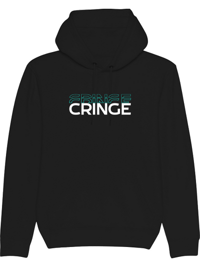 Produktfoto Hoodie schwarz, cringe, weiße Schrift mit türkisen Schatten