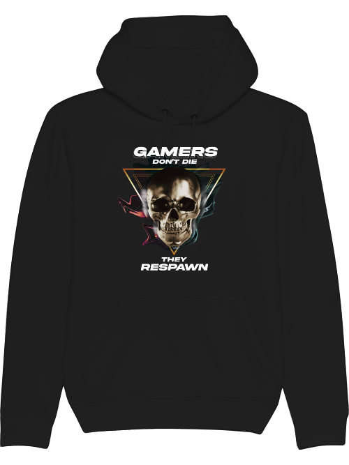 Produktfoto Hoodie schwarz, Gamers dont die they respawn, Schrift mit Totenkopf Bild