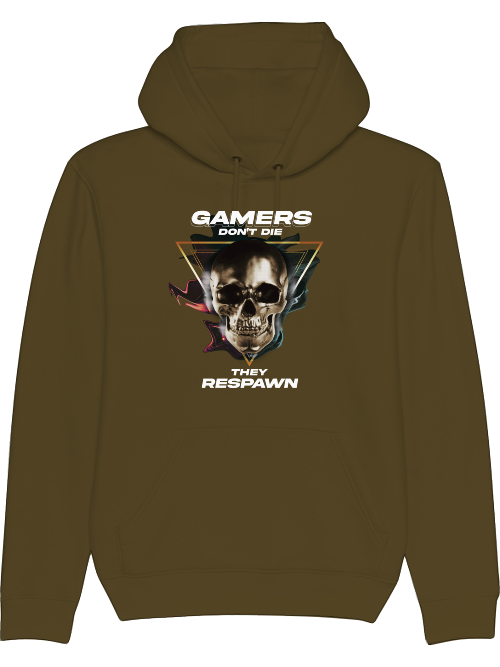 Produktfoto Hoodie khaki, Gamers dont die they respawn, Schrift mit Totenkopf Bild