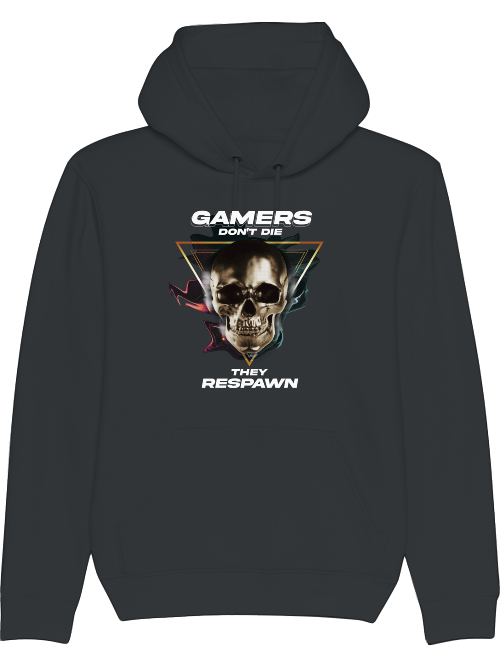 Produktfoto Hoodie dunkelgrau, Gamers dont die they respawn, Schrift mit Totenkopf Bild