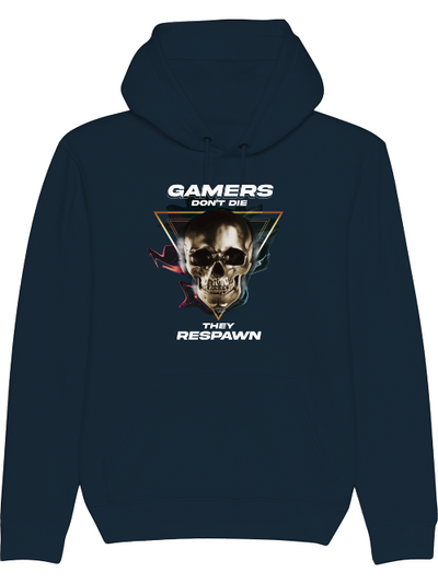 Produktfoto Hoodie dunkelblau, Gamers dont die they respawn, Schrift mit Totenkopf Bild