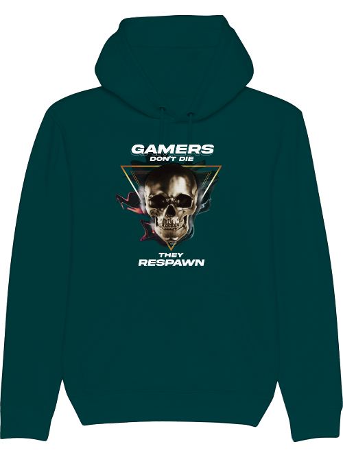 Produktfoto Hoodie grün, Gamers dont die they respawn, Schrift mit Totenkopf Bild