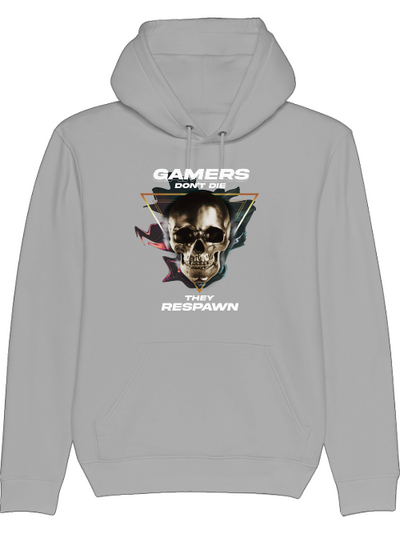 Produktfoto Hoodie hellgrau, Gamers dont die they respawn, Schrift mit Totenkopf Bild