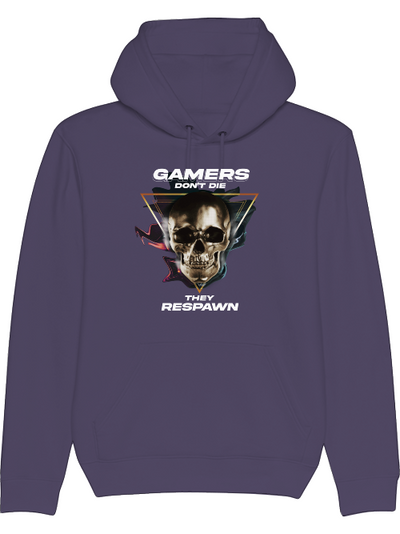 Produktfoto Hoodie lila, Gamers dont die they respawn, Schrift mit Totenkopf Bild