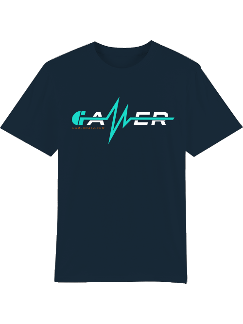 Produktfoto T-Shirt dubkelblau, Gamer Schriftzug türkis/weiß