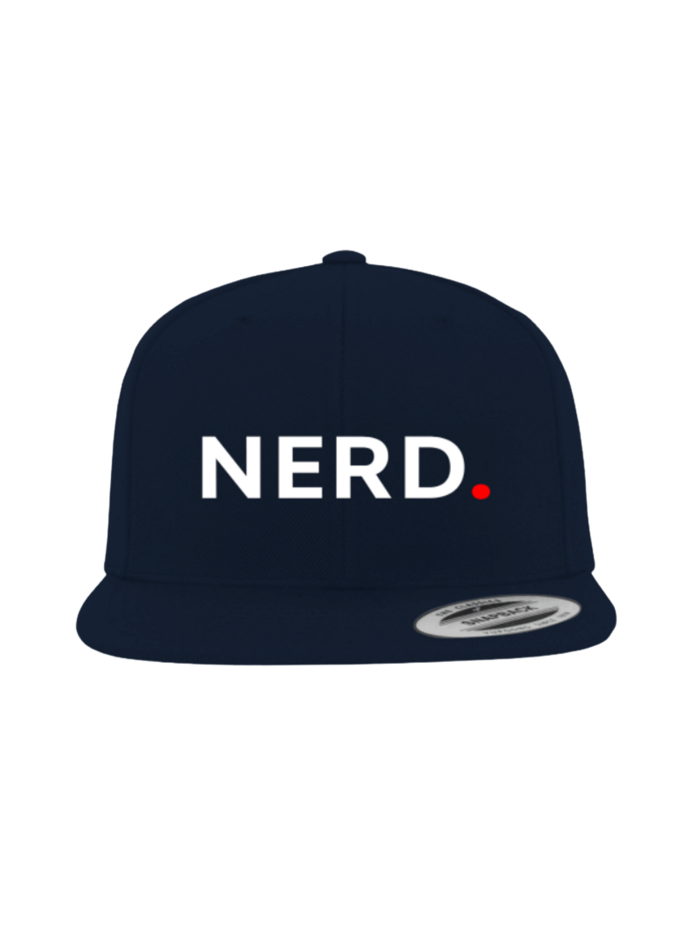 Produktfoto Snapback Cap dunkelblau, Nerd, weiße Schrift mit roten Punkt