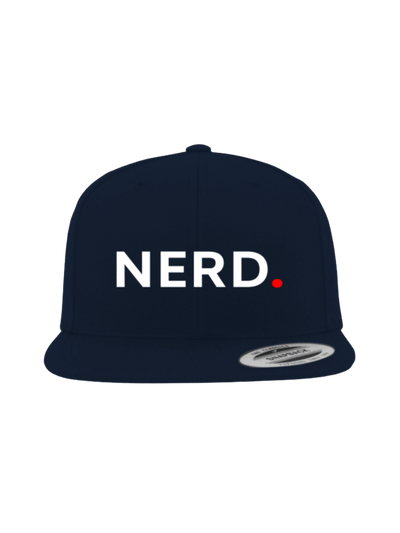 Produktfoto Snapback Cap dunkelblau, Nerd, weiße Schrift mit roten Punkt