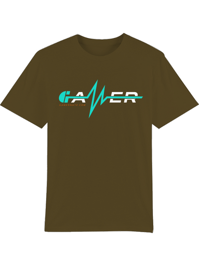 Produktfoto T-Shirt khaki, Gamer Schriftzug türkis/weiß