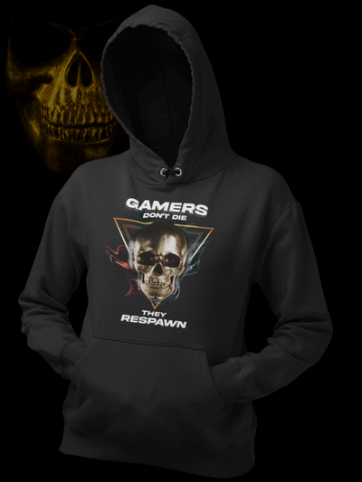 Produktfoto Model mit Hoodie schwarz, Gamers dont die they respawn, Schrift mit Totenkopf Bild